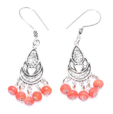 925 Silver Heart Patterns Dangle Filigree Earrings with Red Coral Stone - 2
