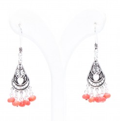 925 Silver Heart Patterns Dangle Filigree Earrings with Red Coral Stone - 3