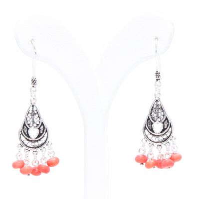 925 Silver Heart Patterns Dangle Filigree Earrings with Red Coral Stone - 3
