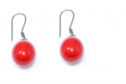Sterling Silver Hoop Earrings with Red Coral Ball - Nusrettaki