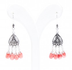925 Silver Dangle Filigree Earrings with Red Coral Stone, Conical - Nusrettaki