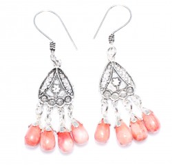 925 Silver Dangle Filigree Earrings with Red Coral Stone, Conical - Nusrettaki (1)
