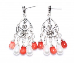 925 Silver Middle Flowered Dangle Filigree Earrings with Red Coral Stone and Pearls - Nusrettaki