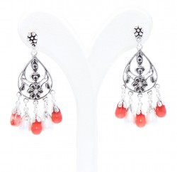 925 Silver Middle Flowered Dangle Filigree Earrings with Red Coral Stone and Pearls - Nusrettaki (1)