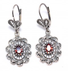 925 Oxidized Silver Mirror Shaped Filigree Earrings with Ruby - Nusrettaki