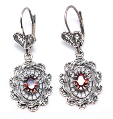 925 Oxidized Silver Mirror Shaped Filigree Earrings with Ruby - 1