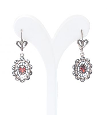 925 Oxidized Silver Mirror Shaped Filigree Earrings with Ruby - 2