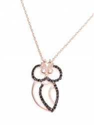 Owl Necklace Pink Color - Black, White Stone - Nusrettaki