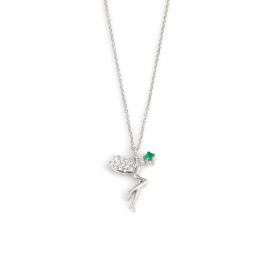 Silver Fairy Girl Design Necklace with Green CZ - 2