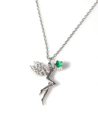 Silver Fairy Girl Design Necklace with Green CZ - 4