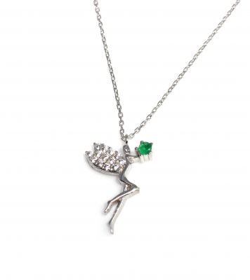 Silver Fairy Girl Design Necklace with Green CZ - 5