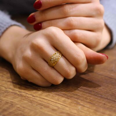 14 Ayar Altın Petek Desenli Yüzük - 3