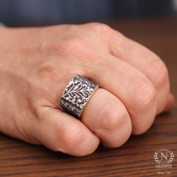 Rectangle, Hand Carved 925 Sterling Silver Man Ring - Nusrettaki