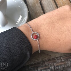 Red Coral in a Hoop Sterling Silver Double Chain Bracelet - Nusrettaki