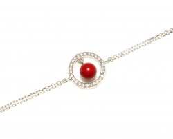 Red Coral in a Hoop Sterling Silver Double Chain Bracelet - Nusrettaki (1)