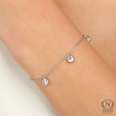 Round CZ Dangle Bracelet, Sterling Silver White Gold Vermeil - 1