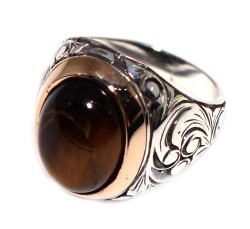 Silver and Bronze Oval Drop Cateye Gemstone Men's Ring - Nusrettaki (1)