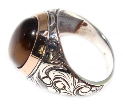 Silver and Bronze Oval Drop Cateye Gemstone Men's Ring - 4