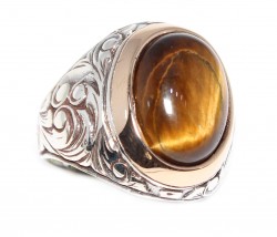 Silver and Bronze Oval Drop Cateye Gemstone Men's Ring - 3