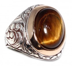 Silver and Bronze Oval Drop Cateye Gemstone Men's Ring - Nusrettaki