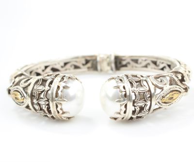 Silver Antique Constantinople Design Bracelet with Pearl - 3