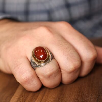 Silver Bronze Agate Stoned Mens Ring, Oval - 1
