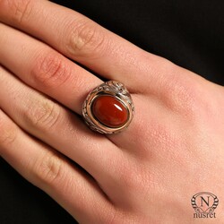Silver Bronze Agate Stoned Mens Ring, Ovoid - 1