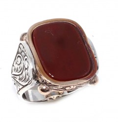 Silver Bronze Agate Stoned Bordeaux Enameled Mens Ring, Square - 2