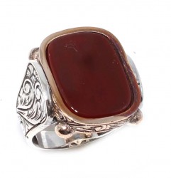 Silver Bronze Agate Stoned Bordeaux Enameled Mens Ring, Square - Nusrettaki (1)