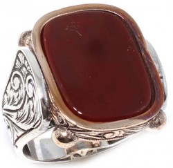 Silver Bronze Agate Stoned Bordeaux Enameled Mens Ring, Square - Nusrettaki