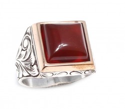 Silver Bronze Agate Stoned Mens Ring, Square - Nusrettaki (1)