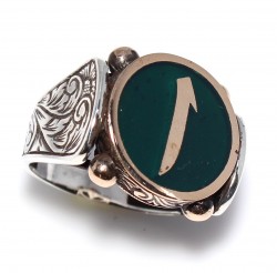 Silver Bronze Mens Ring, Elif Letter Green Enameled Mens Ring - 1