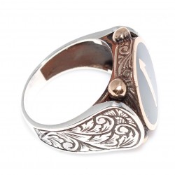 Silver Bronze Mens Ring, Elif Letter Green Enameled Mens Ring - Nusrettaki (1)
