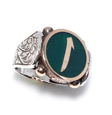 Silver Bronze Mens Ring, Elif Letter Green Enameled Mens Ring - 4