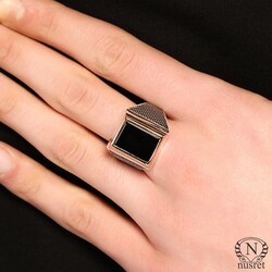Silver Bronze Mix Onyx Men's Ring, Rectangle - Nusrettaki