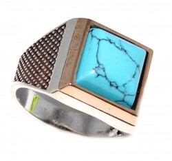 Silver Bronze Mix Turquoise Men's Ring - 1