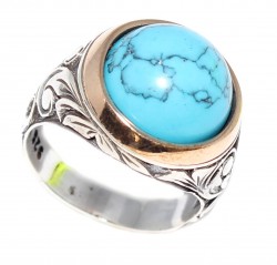 Silver Bronze Mix Turquoise Men's Ring, Sphere, Flower Pattern - Nusrettaki (1)