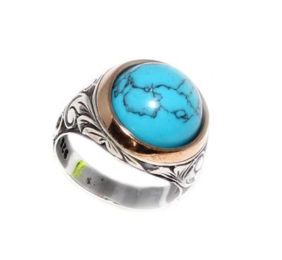 Silver Bronze Mix Turquoise Men's Ring, Sphere, Flower Pattern - 3