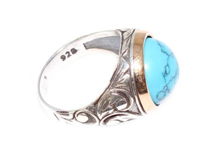 Silver Bronze Mix Turquoise Men's Ring, Sphere, Flower Pattern - 4