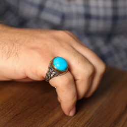Silver Bronze Mix Turquoise Men's Ring, Sphere, Flower Pattern - Nusrettaki