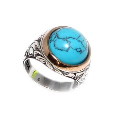 Silver Bronze Mix Turquoise Men's Ring, Sphere, Flower Pattern - 6