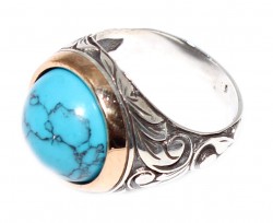 Silver Bronze Mix Turquoise Men's Ring, Sphere, Flower Pattern - 8