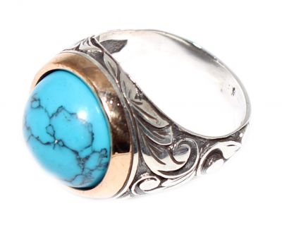 Silver Bronze Mix Turquoise Men's Ring, Sphere, Flower Pattern - 8