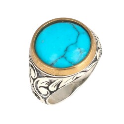 Silver Bronze Mix Turquoise Men's Ring, Sphere, Flower Pattern - Nusrettaki (1)