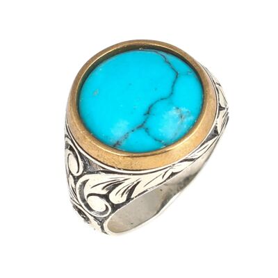 Silver Bronze Mix Turquoise Men's Ring, Sphere, Flower Pattern - 2