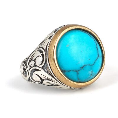Silver Bronze Mix Turquoise Men's Ring, Sphere, Flower Pattern - 3