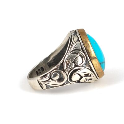 Silver Bronze Mix Turquoise Men's Ring, Sphere, Flower Pattern - 5
