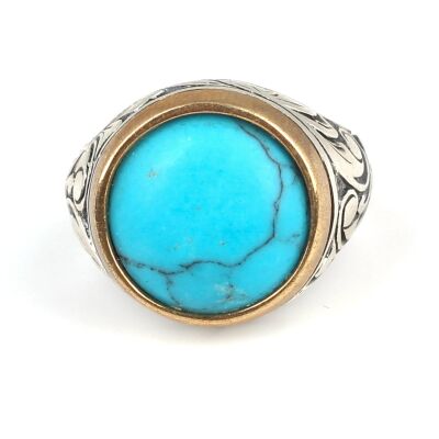 Silver Bronze Mix Turquoise Men's Ring, Sphere, Flower Pattern - 4