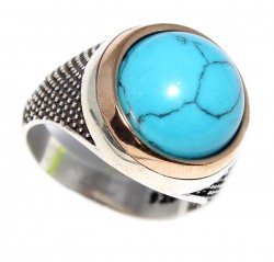 Silver- Bronze Mix Turquoise Men's Ring, Sphere - 1