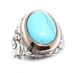 Silver Bronze Turquoise Stoned Mens Ring, Oval - Nusrettaki